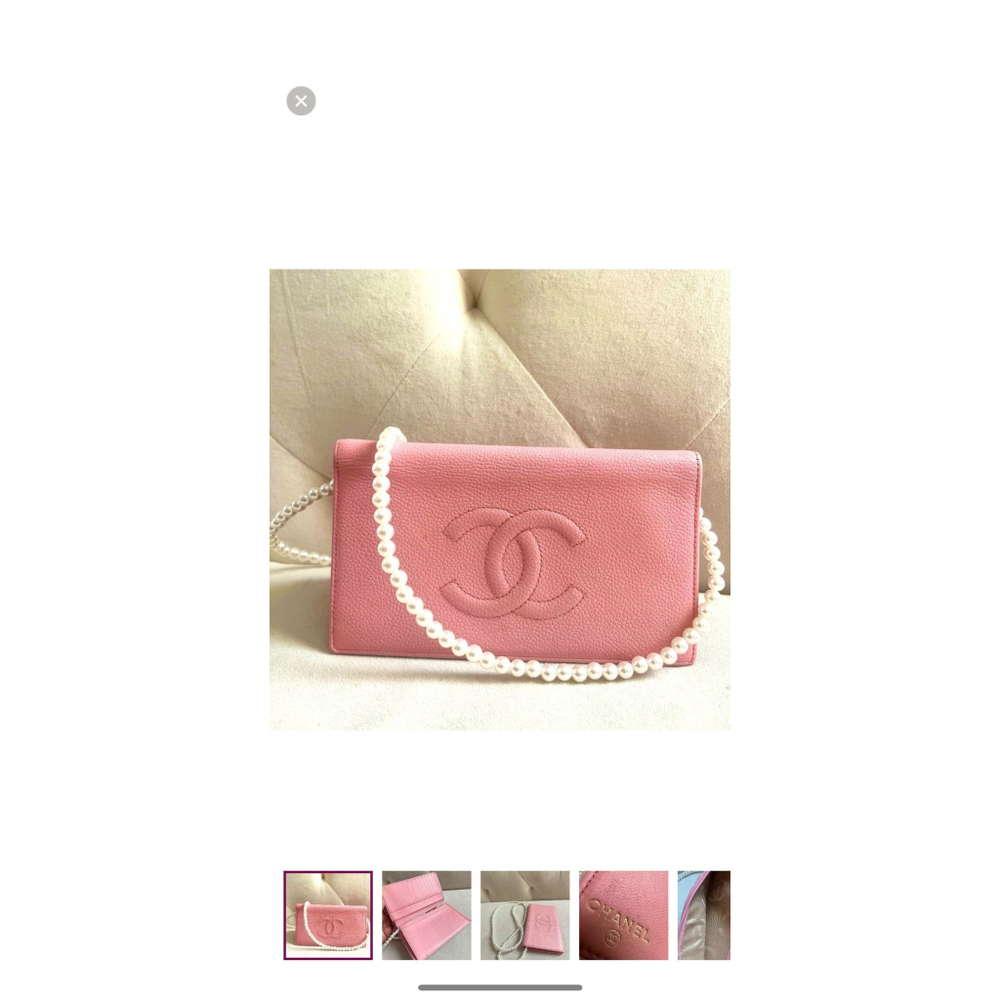 Chanel Pink Pebbled Leather Wallet on Pearl Chain (WOC)